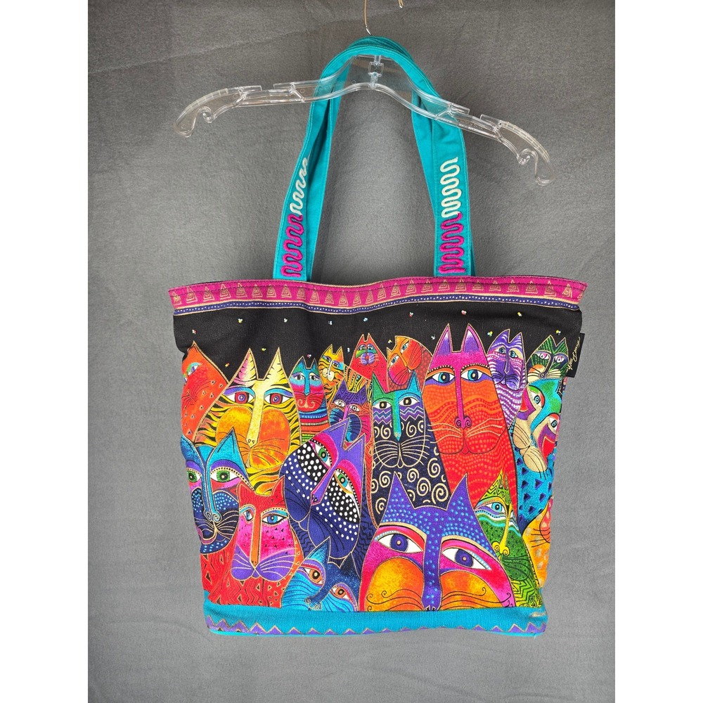 Laurel Burch Tote Bag Womens Large Multicolor Cat Canvas Tribal Art Shoulder Bag